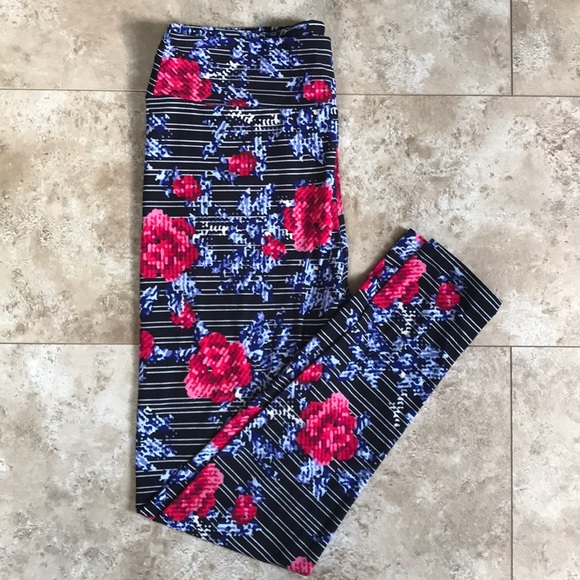 LuLaRoe Flower and Stripe Leggings - Picture 1 of 4